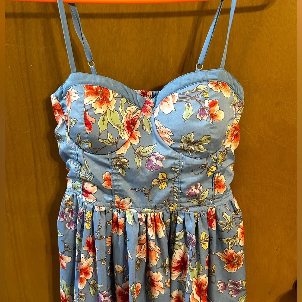 Land of the Free Blue Floral Bustier Dress‎ Spaghetti Strap Fit & Flare Size M